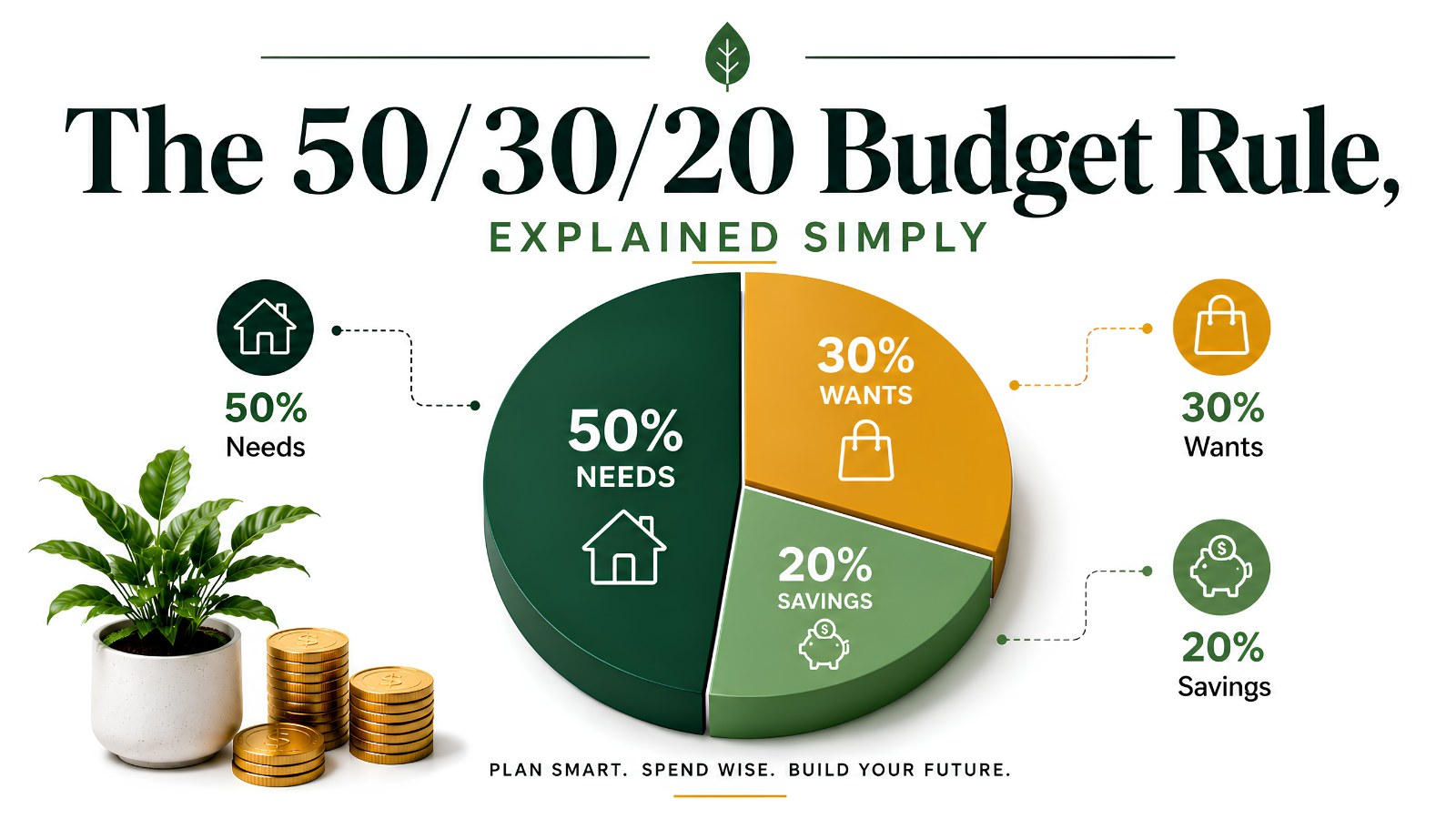 The 50/30/20 budget rule shown as a pie chart: 50% needs, 30% wants, and 20% savings, with home, shopping, and piggy-bank icons.