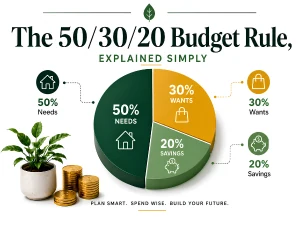 The 50/30/20 budget rule as a pie chart: 50% needs, 30% wants, 20% savings.