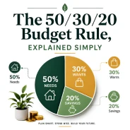 The 50/30/20 budget rule as a pie chart: 50% needs, 30% wants, 20% savings.