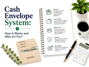 Cash envelope system: labelled cash envelopes beside a notepad and calculator.
