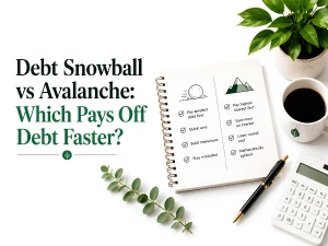 Debt snowball vs avalanche compared on a notepad with a calculator.