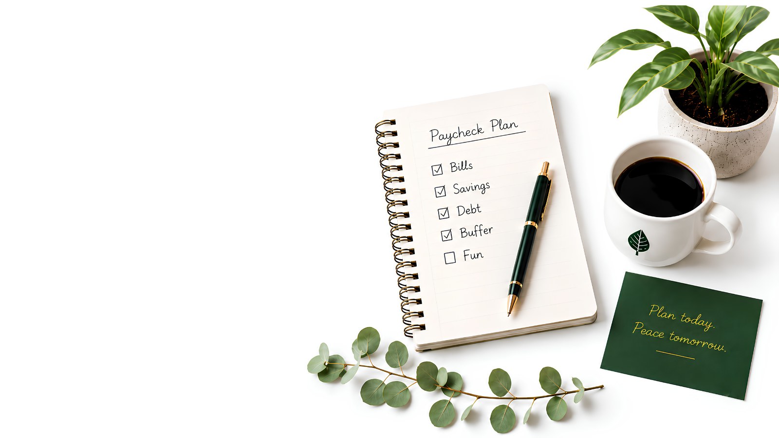 Budgeting paycheck to paycheck: a Paycheck Plan notepad with Bills, Savings, Debt, Buffer, and Fun checkboxes, beside a pen, a cup of coffee, and a plant.