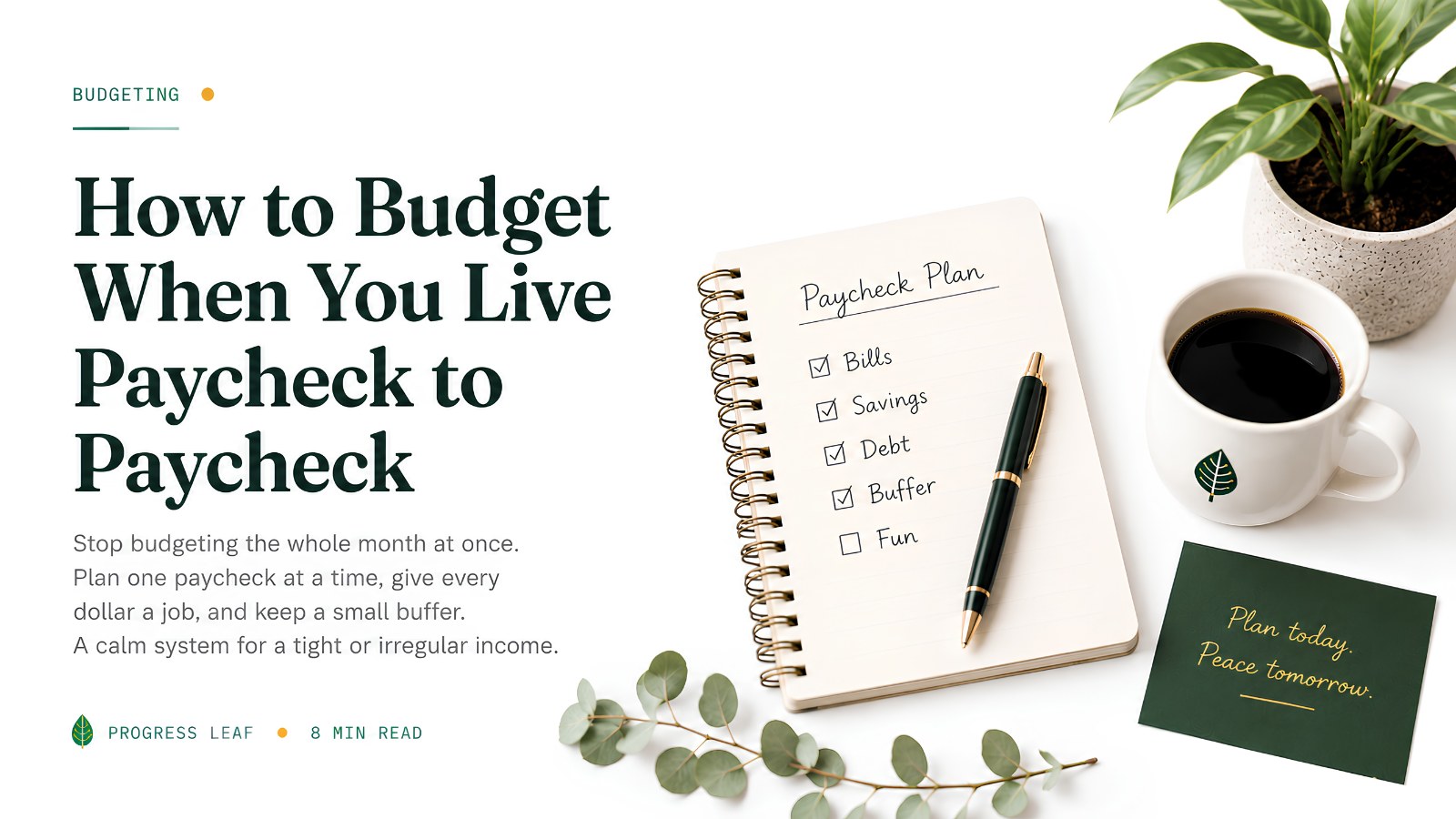 Budgeting paycheck to paycheck: a Paycheck Plan notepad with Bills, Savings, Debt, Buffer, and Fun checkboxes, beside a pen, coffee mug, and plant.