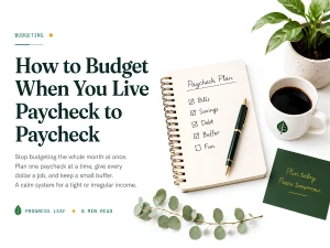Budgeting paycheck to paycheck: a Paycheck Plan notepad with checkboxes, a pen, and a cup of coffee.