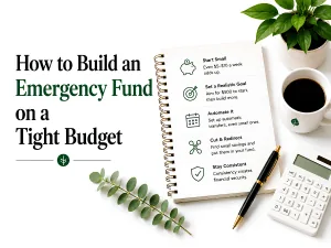 How to build an emergency fund on a tight budget: a savings checklist on a notepad with a calculator.