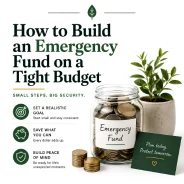 How to build an emergency fund: a labelled Emergency Fund jar of coins beside a plant.