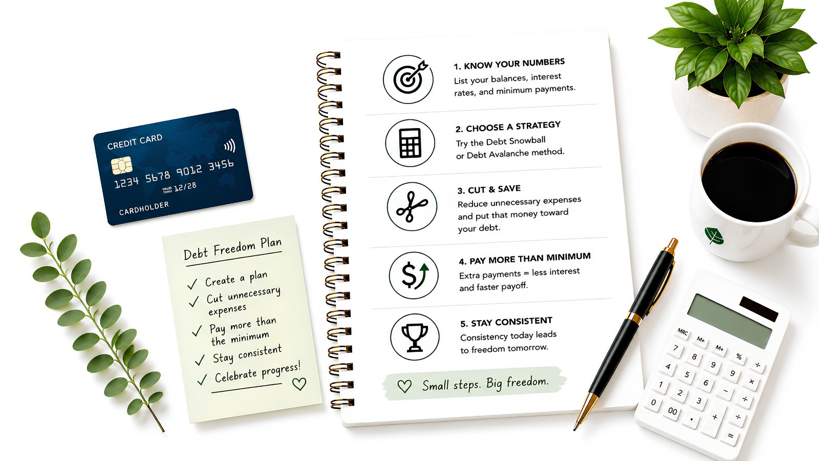 How to pay off credit card debt fast in five steps: know your numbers, choose a strategy, cut and save, pay more than the minimum, and stay consistent.