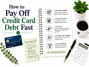 How to pay off credit card debt fast: a credit card and debt-freedom plan on a notepad with a calculator.