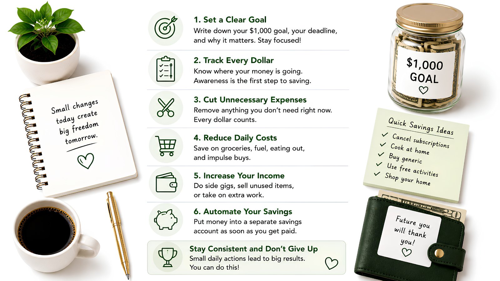 How to save $1,000 fast: set a clear goal, track every dollar, cut unnecessary expenses, reduce daily costs, increase your income, and automate your savings.