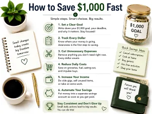 How to save $1,000 fast: a labelled $1,000 goal jar beside a savings checklist and wallet.