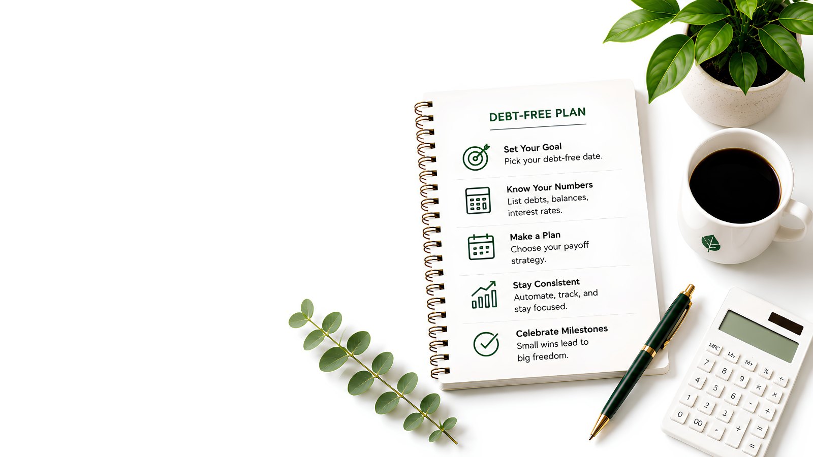 A debt-free plan on a spiral notepad: set your goal, know your numbers, make a plan, stay consistent, and celebrate milestones.
