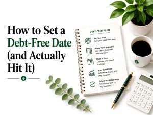 A debt-free plan checklist on a notepad with a calculator and coffee.