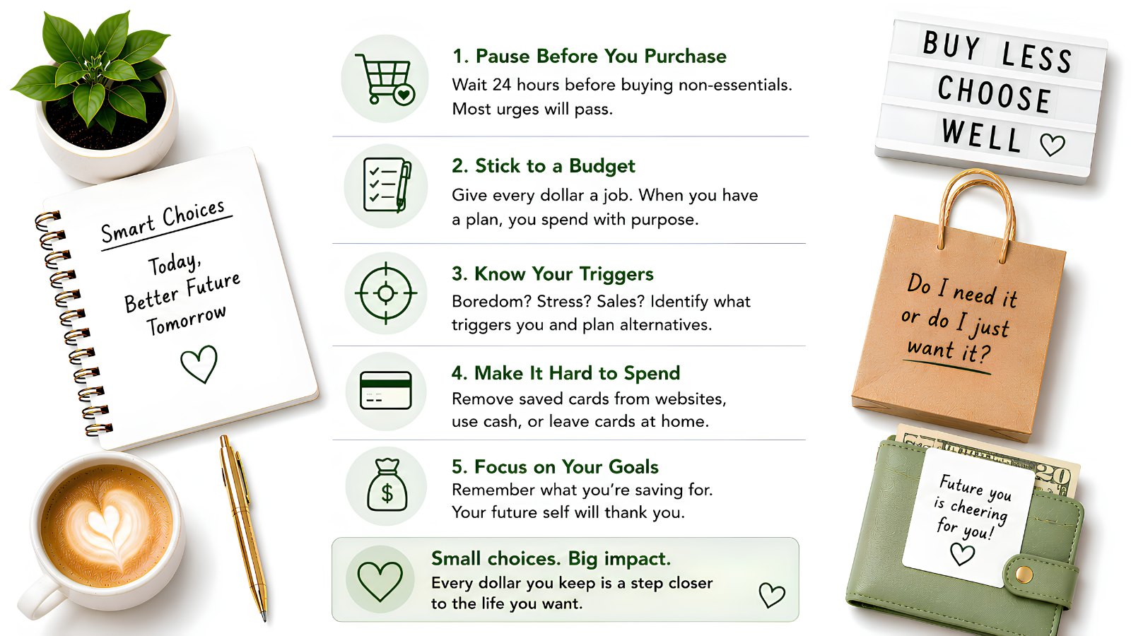 How to stop impulse spending in five steps: pause before you purchase, stick to a budget, know your triggers, make it hard to spend, and focus on your goals.