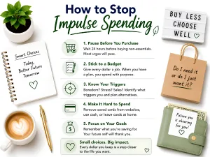 How to stop impulse spending: a smart-choices checklist on a notepad with coffee and a wallet.