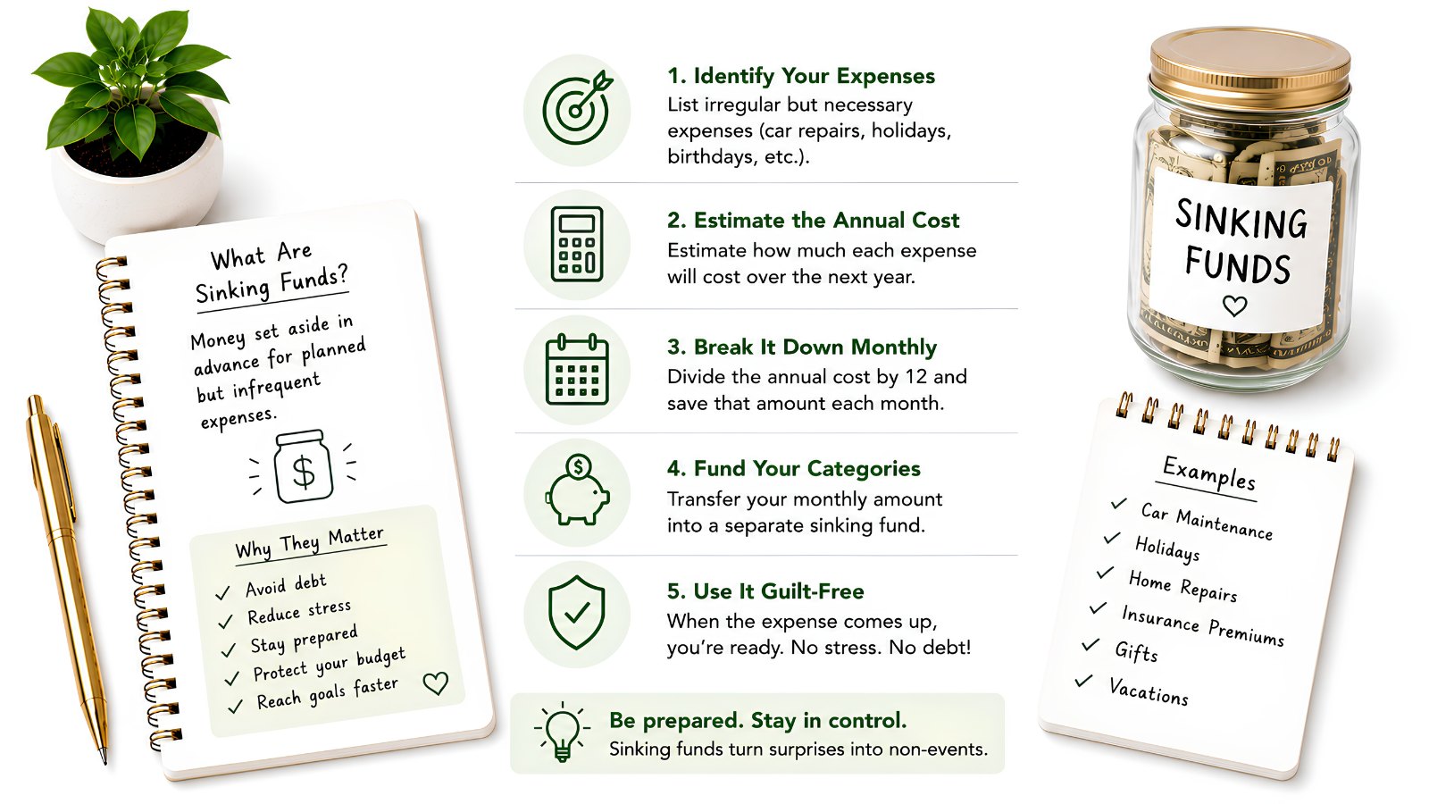 What sinking funds are and how to use them in five steps: identify your expenses, estimate the annual cost, break it down monthly, fund your categories, and use it guilt-free.