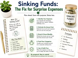 Sinking funds: a labelled Sinking Funds jar of cash beside a notepad of examples.