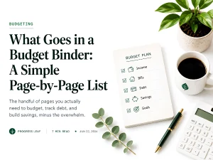 What goes in a budget binder: printable budget, debt, and savings pages.