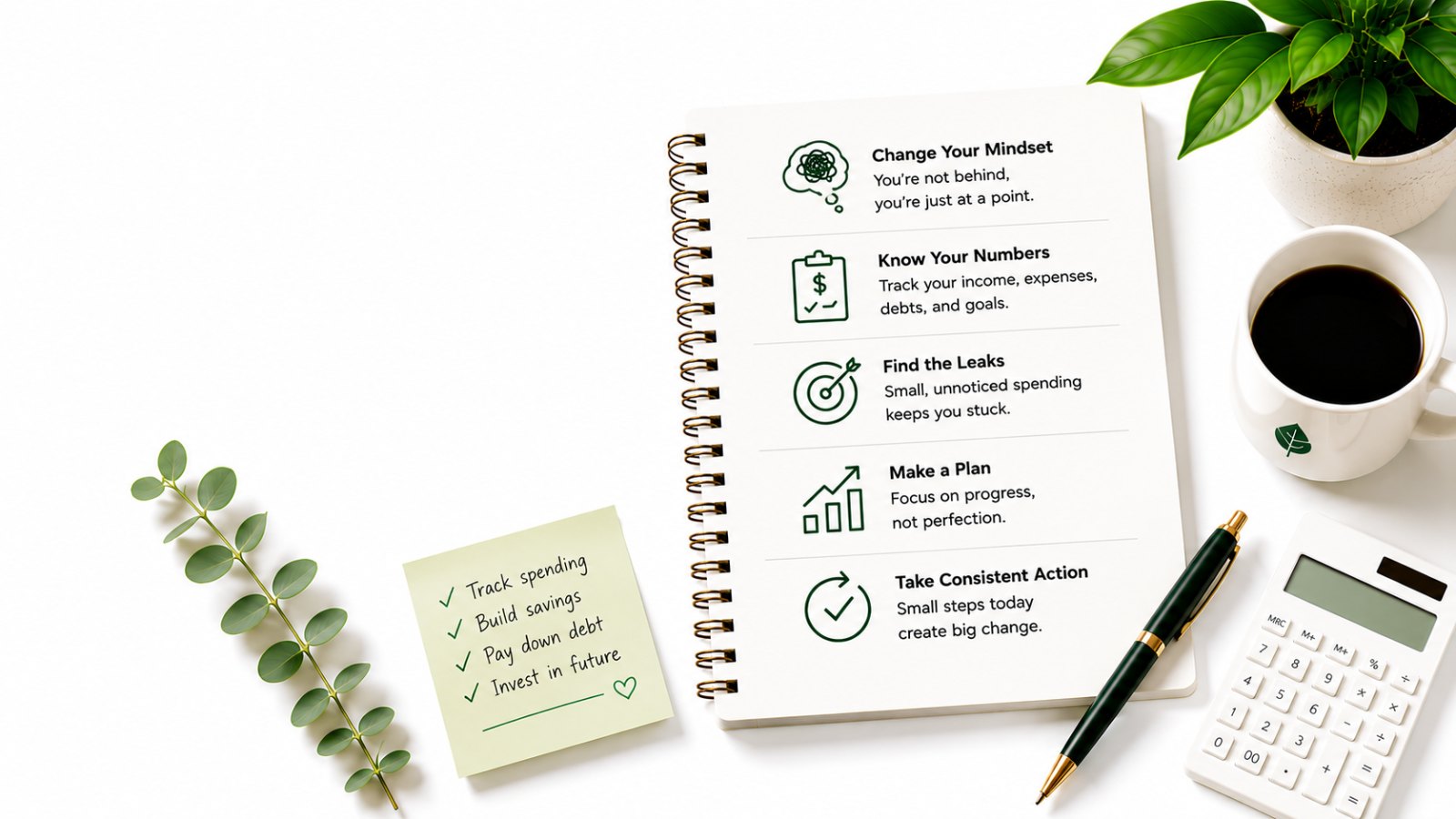 Why you feel behind on money and how to catch up: change your mindset, know your numbers, find the leaks, make a plan, and take consistent action.