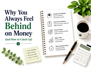 Why you feel behind on money: a catch-up checklist on a notepad with a calculator and coffee.