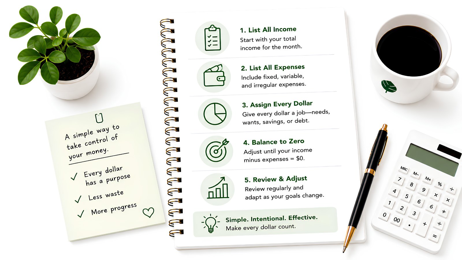 Zero-based budgeting explained in five steps: list all income, list all expenses, assign every dollar a job, balance to zero, and review and adjust.