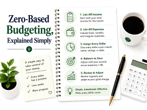 Zero-based budgeting: a give-every-dollar-a-job checklist on a notepad with a calculator.