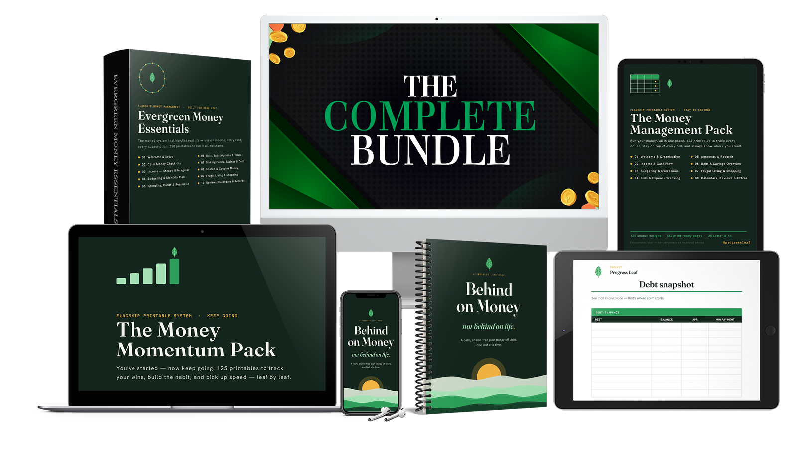 Progress Leaf debt payoff and budgeting printables bundle shown across devices: four budget planner packs, the Behind on Money eBook, and a debt tracker