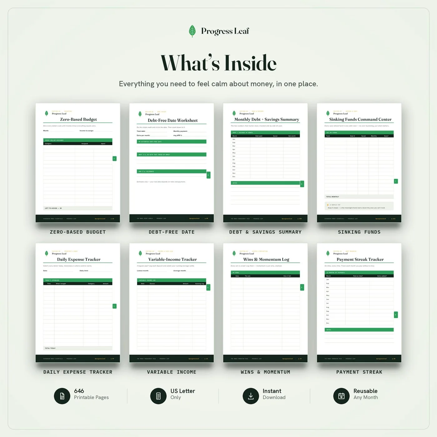 What's inside the bundle: budget, debt tracker, savings and expense printables