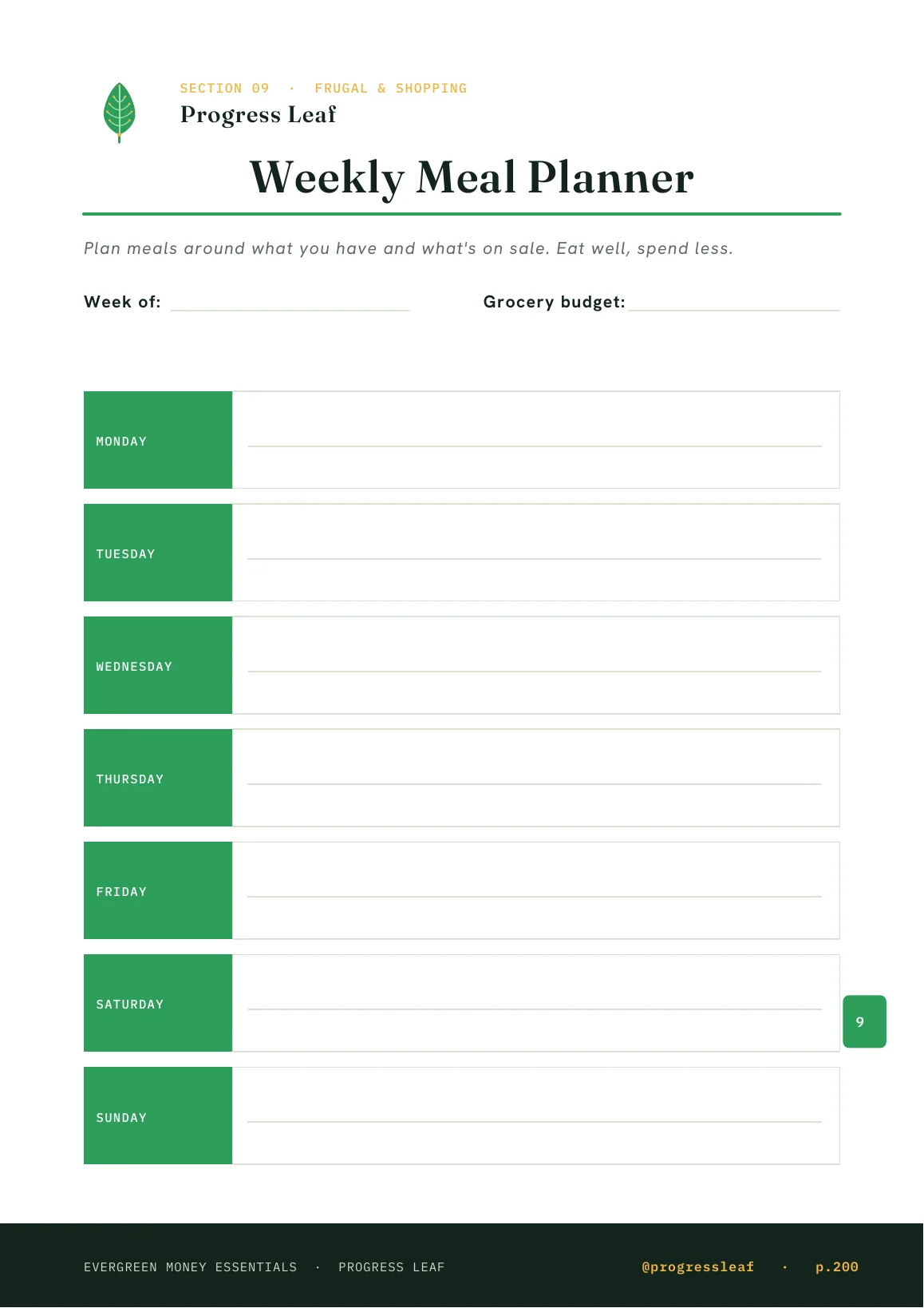 Weekly meal planner printable to lower the grocery budget