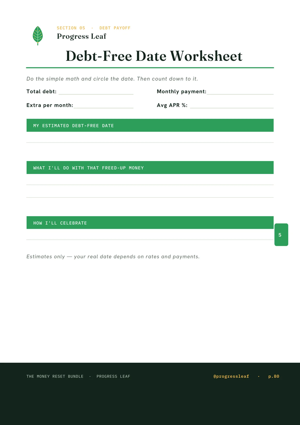 Debt-Free Date Worksheet printable for planning debt payoff