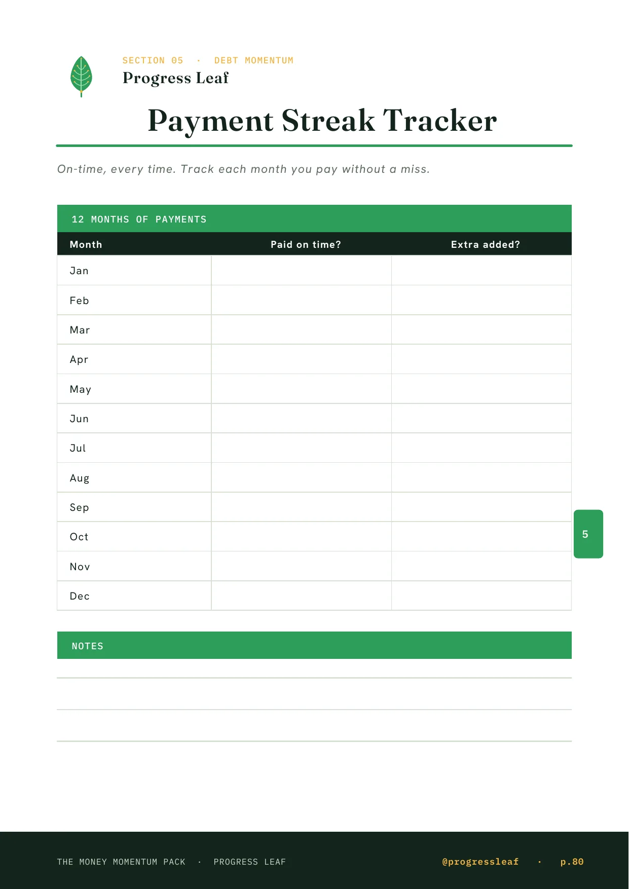 Payment Streak Tracker printable from the Money Momentum Pack