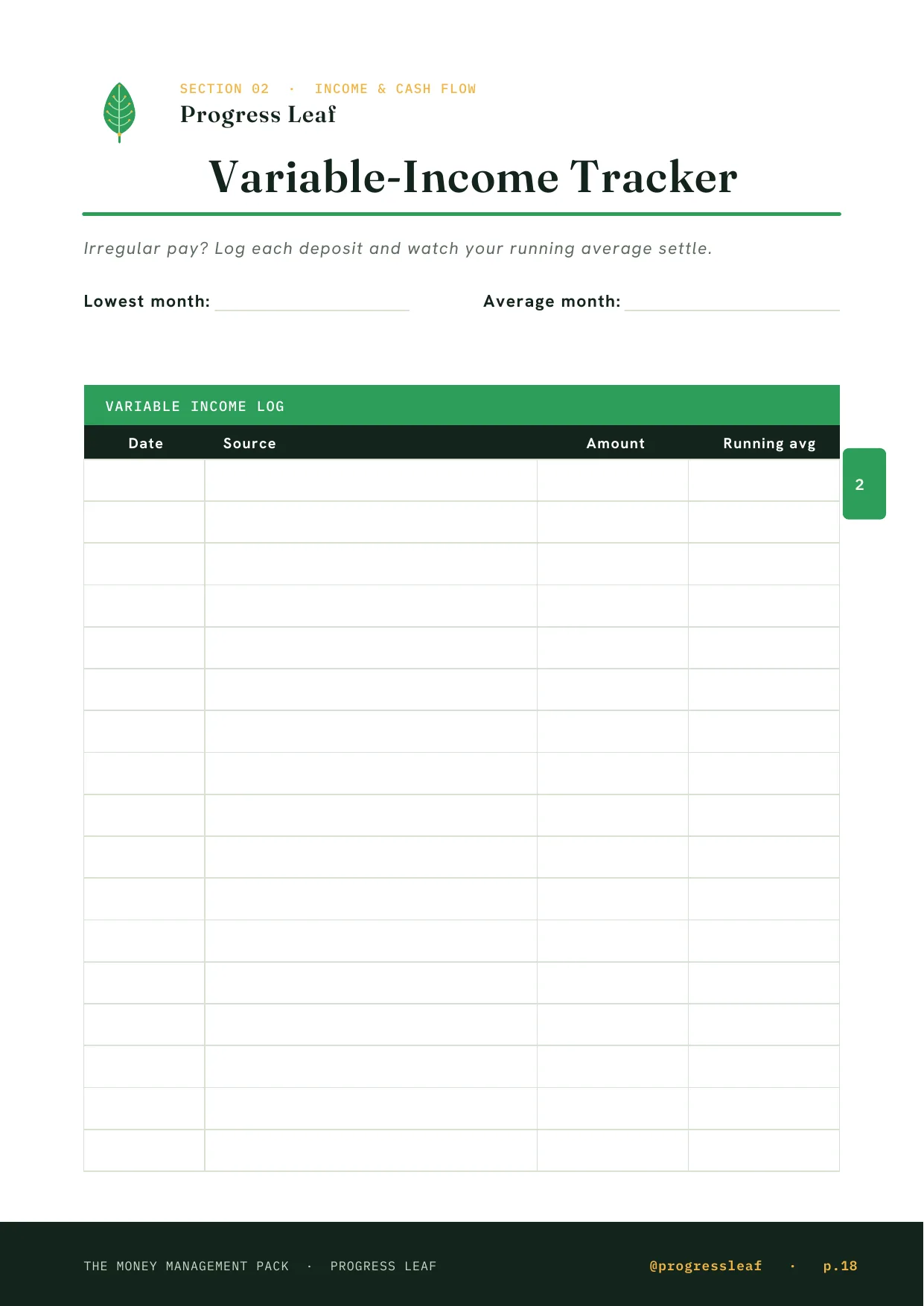 Variable-Income Tracker printable for budgeting with irregular income