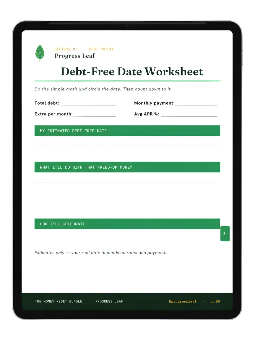 Debt-Free Date Worksheet shown on a tablet