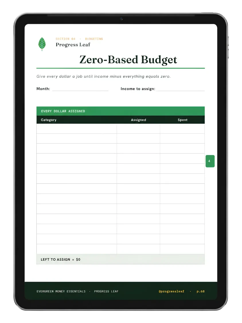 Zero-Based Budget printable shown on a tablet