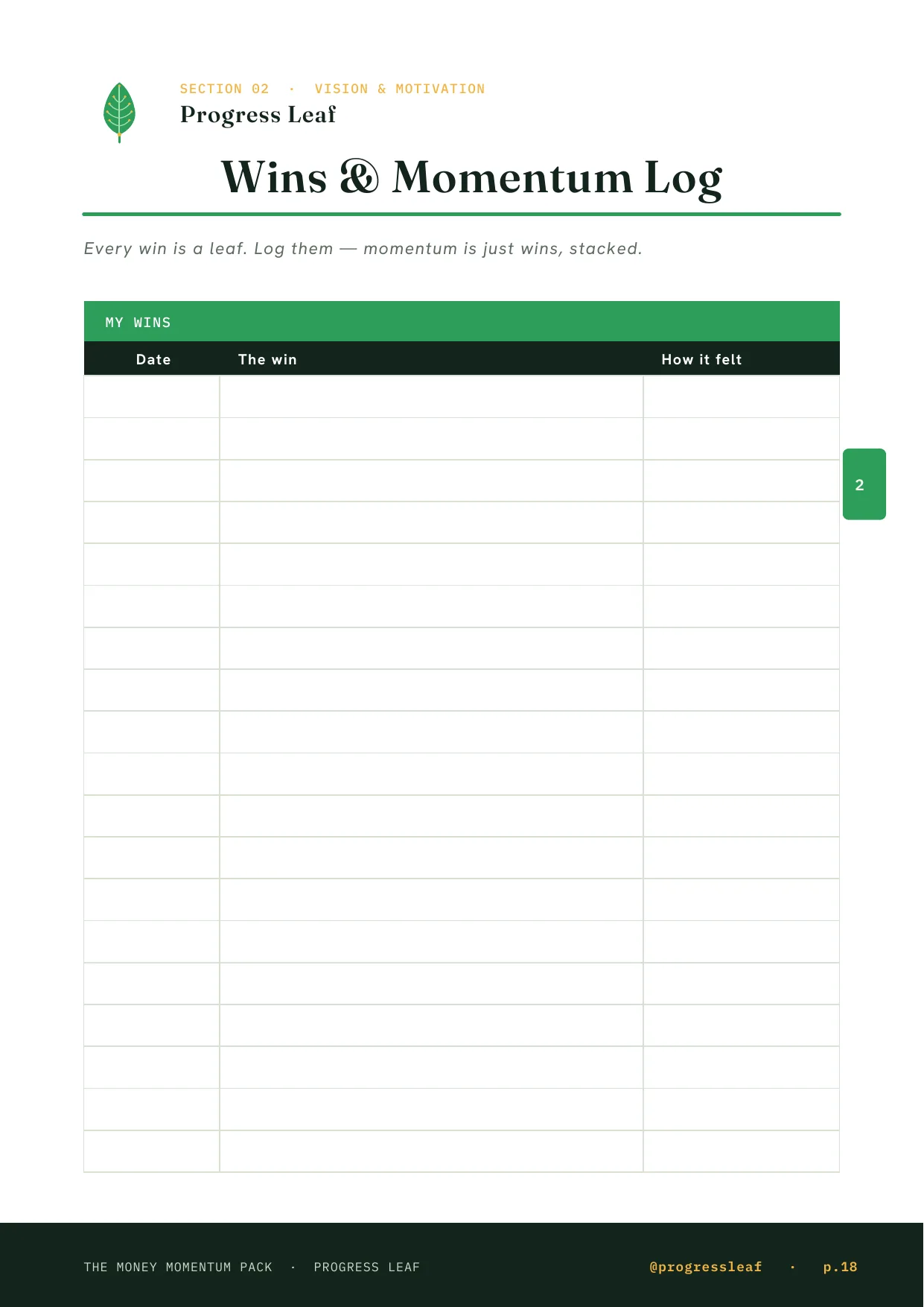 Wins and Momentum Log printable for staying motivated