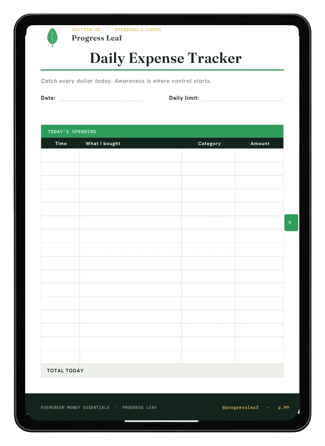 Daily Expense Tracker printable shown on an iPad, from the Essentials Pack