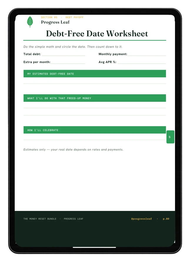 Debt-Free Date Worksheet printable shown on an iPad