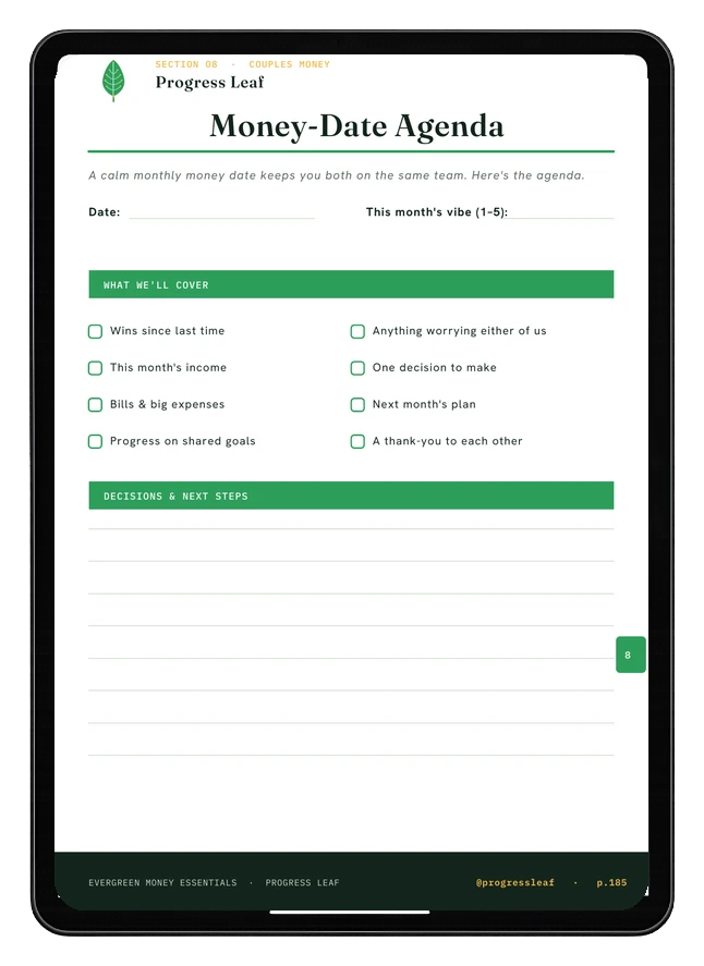 Money-Date Agenda printable shown on an iPad
