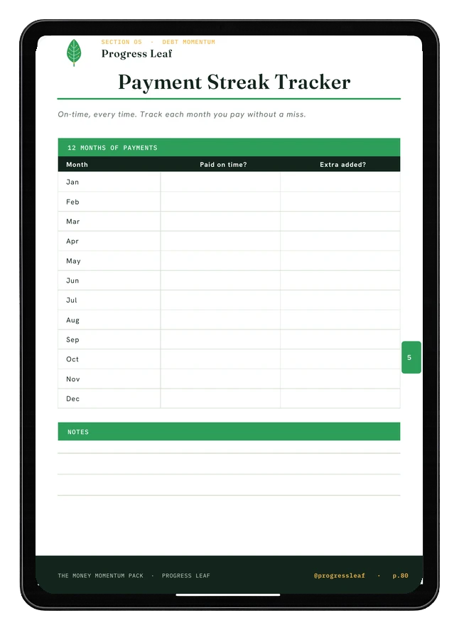 Payment Streak Tracker printable shown on an iPad
