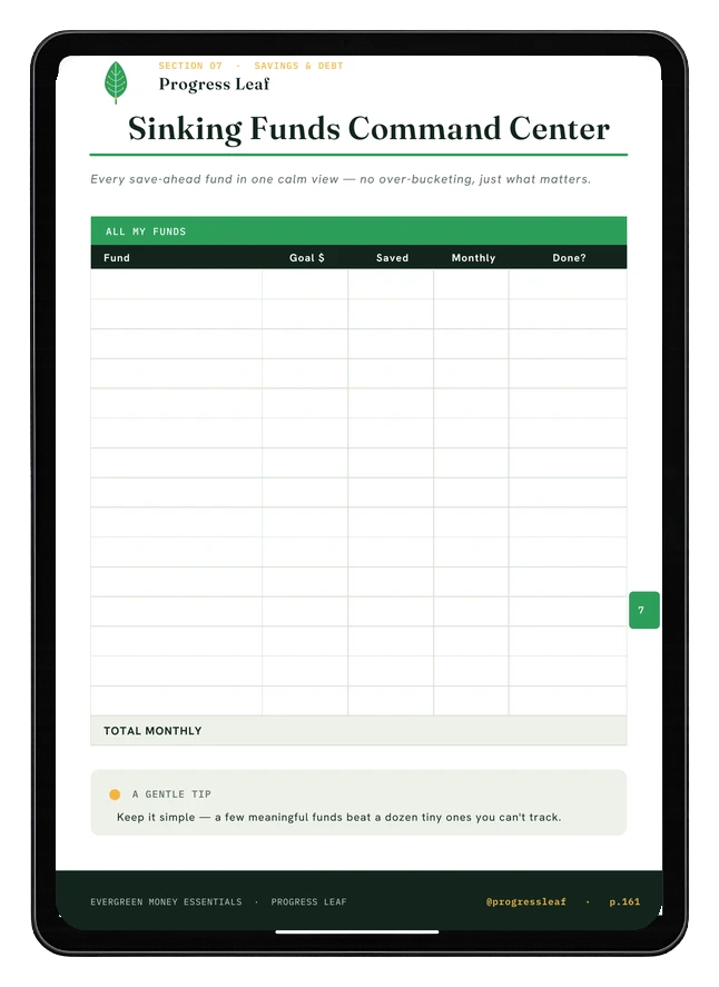 Sinking Funds Command Center printable shown on an iPad