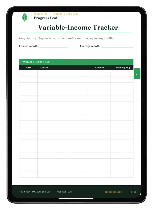 Variable-Income Tracker printable shown on an iPad