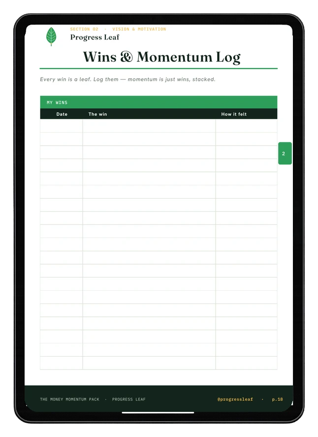 Wins and Momentum Log printable shown on an iPad