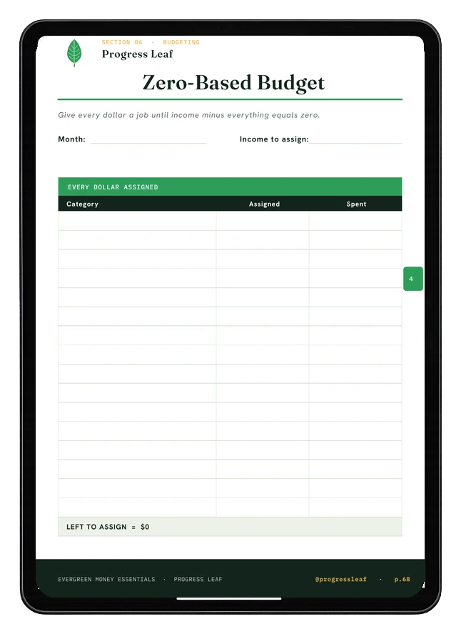 Zero-Based Budget printable shown on an iPad, from the Progress Leaf Essentials Pack
