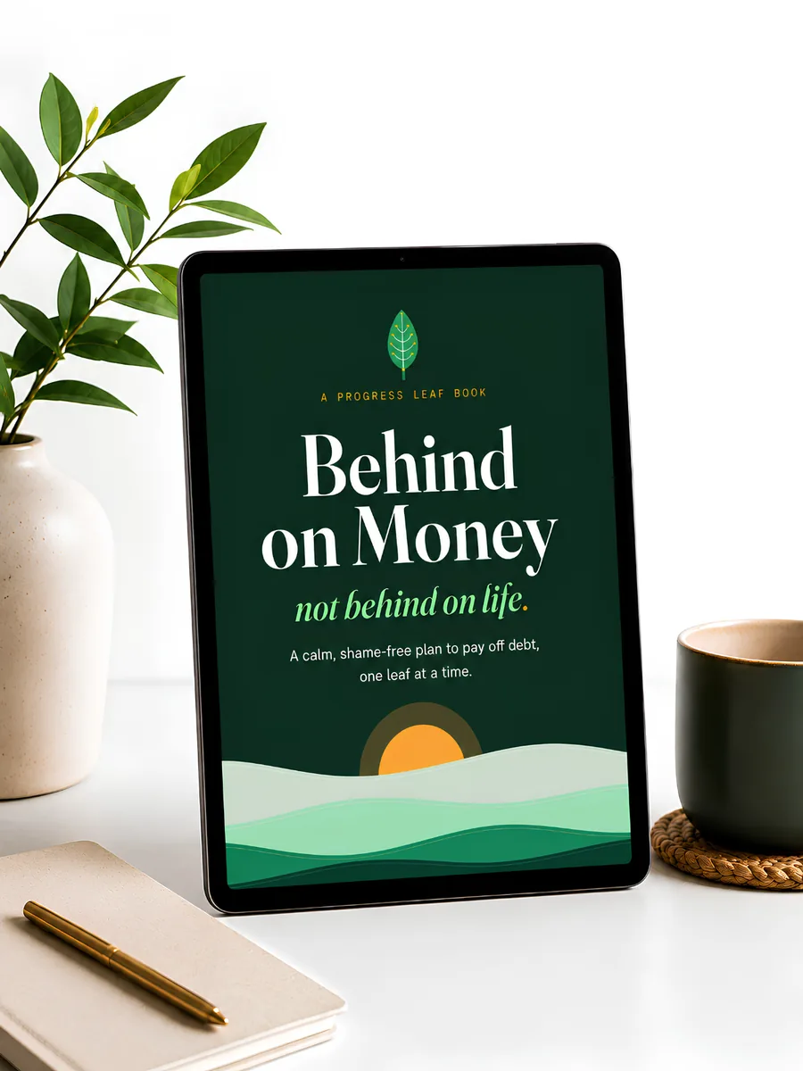 Behind on Money ebook shown on a tablet, a Progress Leaf book